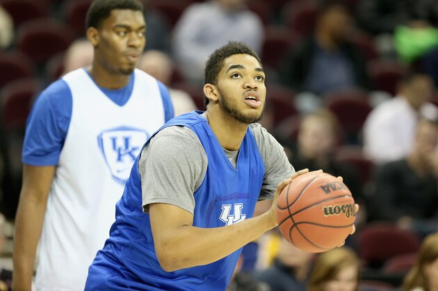 CLEVELAND, OH - MARCH 25:  Karl-Anthony Towns of the Kentucky Wildcats shoots the ball during practice for their Midwest Regional game against West Virginia in the  NCAA Basketball Tournament at Quicken Loans Arena on March 25, 2015 in Cleveland, Ohio.  (Photo by Andy Lyons/Getty Images)