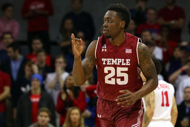 Feb 19, 2015; Dallas, TX, USA; Temple Owls guard Quenton DeCosey (25) reacts after making 3-point basket against the Southern Methodist Mustangs during the first half at Moody Coliseum. Mandatory Credit: Ray Carlin-USA TODAY Sports