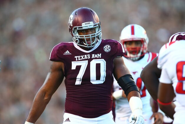 Sep 21, 2013; College Station, TX, USA; Texas A&M Aggies offensive tackle Cedric Ogbuehi (70) against the SMU Mustangs at Kyle Field. Mandatory Credit: Mark J. Rebilas-USA TODAY Sports