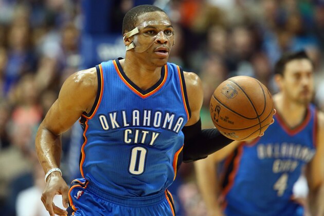 DALLAS, TX - MARCH 16:  Russell Westbrook #0 of the Oklahoma City Thunder at American Airlines Center on March 16, 2015 in Dallas, Texas.  NOTE TO USER: User expressly acknowledges and agrees that, by downloading and or using this photograph, User is consenting to the terms and conditions of the Getty Images License Agreement.  (Photo by Ronald Martinez/Getty Images)