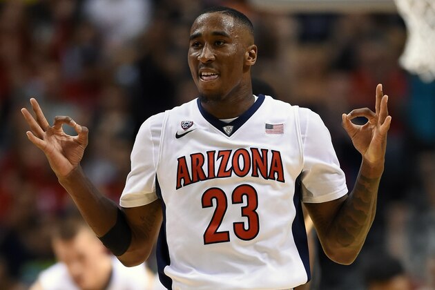 LAS VEGAS, NV - MARCH 14:  Rondae Hollis-Jefferson #23 of the Arizona Wildcats reacts after hitting a 3-pointer against the Oregon Ducks during the championship game of the Pac-12 Basketball Tournament at the MGM Grand Garden Arena on March 14, 2015 in Las Vegas, Nevada. Arizona won 80-52.  (Photo by Ethan Miller/Getty Images)