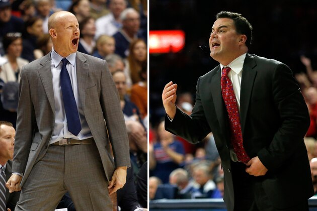FILE - At left, in a Feb. 21, 2015, file photo, Xavier head coach Chris Mack reacts in the first half of an NCAA college basketball game against Butler in Cincinnati. At right, in a Dec. 6, 2014, file photo, Arizona head coach Sean Miller calls out the play during the second half of an NCAA college basketball game against Gonzaga in Tucson, Ariz. Xavier and Arizona play on Thursday, March 26, 2015, in the regional semifinals of the NCAA Tournament in Los Angeles. (AP Photo/File)