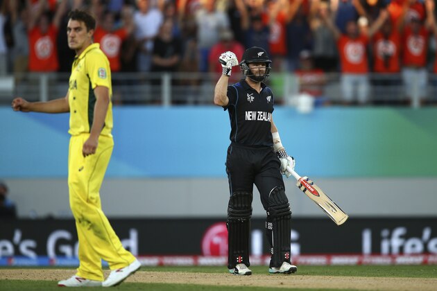 AUCKLAND, NEW ZEALAND - FEBRUARY 28:  Kane Williamson of New Zealand celebrates after hitting the winning runs off Pat Cummins of Australia during the 2015 ICC Cricket World Cup match between Australia and New Zealand at Eden Park on February 28, 2015 in Auckland, New Zealand.  (Photo by Ryan Pierse/Getty Images)