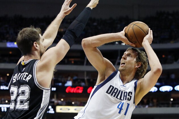 Dallas Mavericks forward Dirk Nowitzki (41) attempts a shot as San Antonio Spurs forward Tiago Splitter (22) defends during the first half of an NBA basketball game, Tuesday, March 24, 2015, in Dallas. Dallas won 101-94. (AP Photo/Brandon Wade)