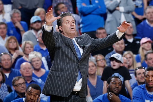 LOUISVILLE, KY - MARCH 21:  Head coach John Calipari of the Kentucky Wildcats reacts against the Cincinnati Bearcats during the third round of the 2015 NCAA Men's Basketball Tournament at KFC YUM! Center on March 21, 2015 in Louisville, Kentucky.  (Photo by Joe Robbins/Getty Images)