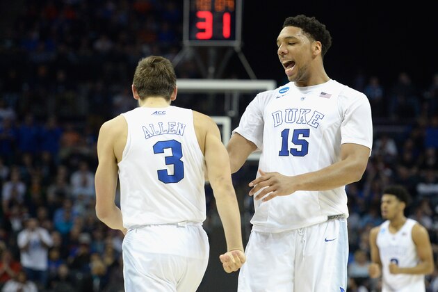 CHARLOTTE, NC - MARCH 22:  Teammates Grayson Allen #3 and Jahlil Okafor #15 of the Duke Blue Devils react against the San Diego State Aztecs during the third round of the 2015 NCAA Men's Basketball Tournament at Time Warner Cable Arena on March 22, 2015 in Charlotte, North Carolina.  (Photo by Grant Halverson/Getty Images)