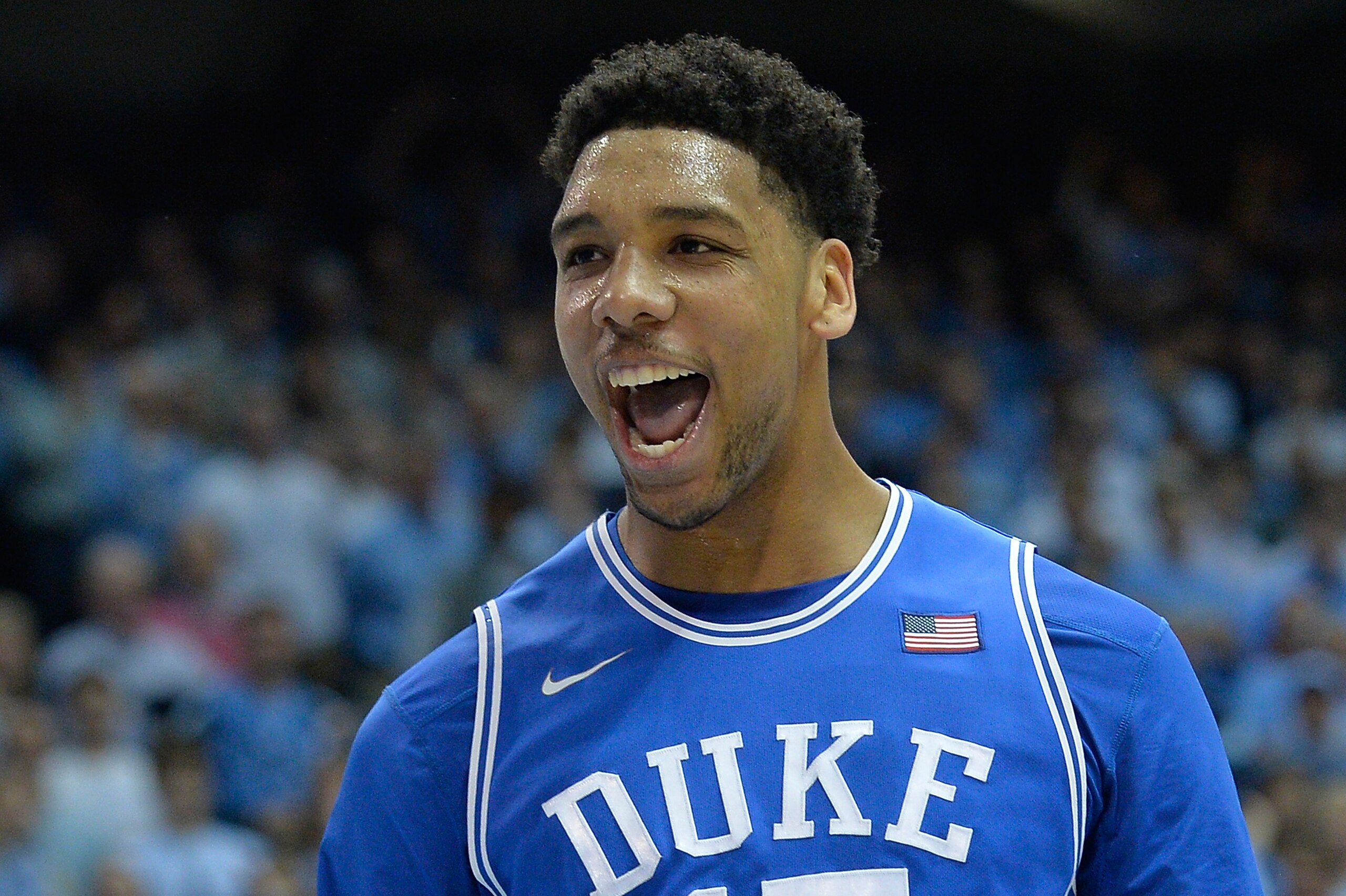 CHAPEL HILL, NC - MARCH 07:  Jahlil Okafor #15 of the Duke Blue Devils reacts after scoring against the North Carolina Tar Heels during their game at the Dean Smith Center on March 7, 2015 in Chapel Hill, North Carolina.  (Photo by Grant Halverson/Getty Images)