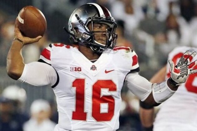 Ohio State quarterback J.T. Barrett (16) throws a pass during the fourth quarter of an NCAA college football game against Penn State in State College, Pa., Saturday, Oct. 25, 2014. Ohio State won 31-24. (AP Photo/Gene J. Puskar)