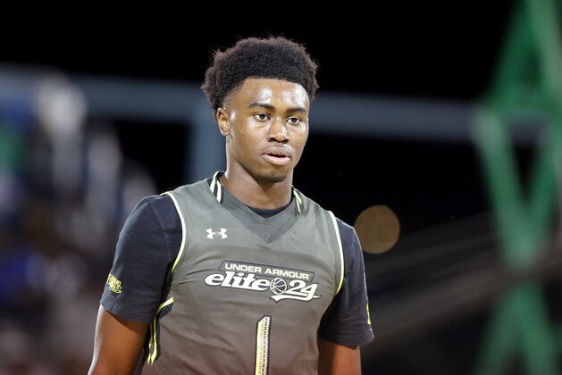Team Liberty's  Jaylen Brown #1 in action against Team Freedom during the Under Armour Elite 24 Game on Saturday, August 23, 2014 in Brooklyn, NY.  (AP Photo/Gregory Payan)