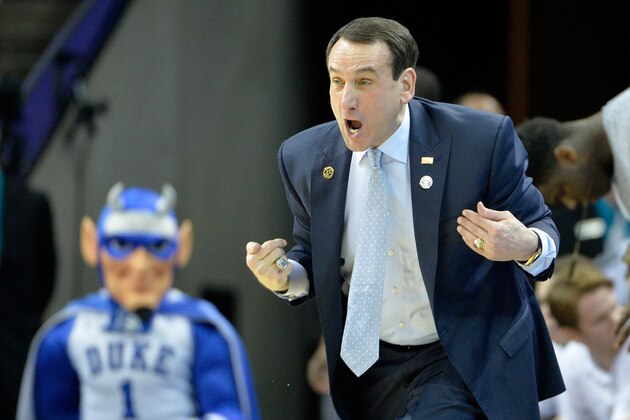 CHARLOTTE, NC - MARCH 22:  Head coach Mike Krzyzewski of the Duke Blue Devils reacts against the San Diego State Aztecs during the third round of the 2015 NCAA Men's Basketball Tournament at Time Warner Cable Arena on March 22, 2015 in Charlotte, North Carolina.  (Photo by Grant Halverson/Getty Images)