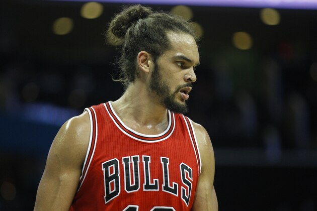 Chicago Bulls center Joakim Noah during a break in the aciton as the Bulls play the Charlotte Hornets in an NBA basketball game Friday, March 13, 2015 in Charlotte, N.C. Charlotte won 101-91.(AP Photo/Nell Redmond)