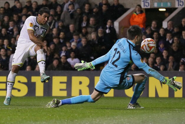 Tottenham Hotspur’s Paulinho, left, attempts a shot during the Europa League round of 32 soccer match between Tottenham and Fiorentina at White Hart Lane stadium in London, England, Thursday, Feb. 19, 2015.  (AP Photo/Tim Ireland)