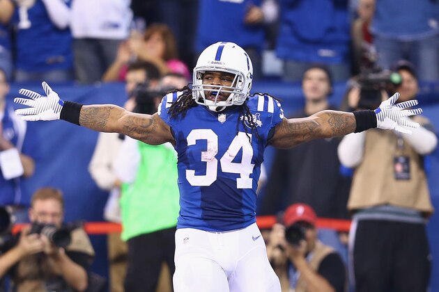 INDIANAPOLIS, IN - DECEMBER 15:  Trent Richardson #34 of the Indianapolis Colts celebrates after scoring a touchdown during the NFL game against the Houston Texans at Lucas Oil Stadium on December 15, 2013 in Indianapolis, Indiana.  (Photo by Andy Lyons/Getty Images)