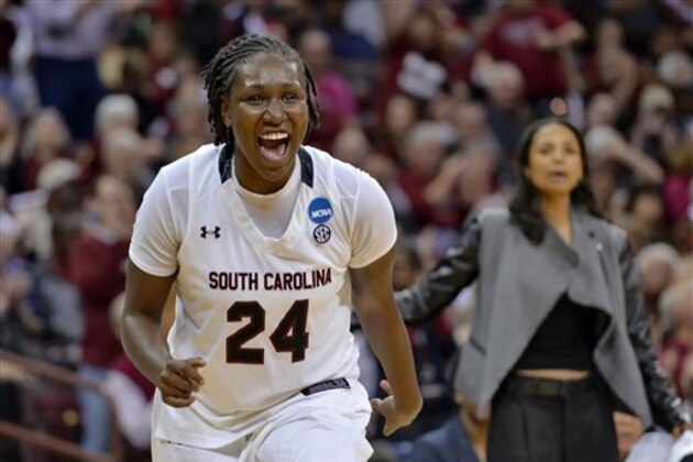 South Carolina's Aleighsa Welch reacts to a play during the second half of a college basketball game against Syracuse in the second round of the NCAA tournament Sunday, March 22, 2015, in Columbia, S.C. South Carolina won 97-68. (AP Photo/Richard Shiro)