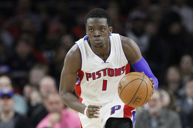 Detroit Pistons' Reggie Jackson (1) brings the ball up court against the Toronto Raptors during the second half of an NBA basketball game Tuesday, March 24, 2015, in Auburn Hills, Mich. The Pistons defeated the Raptors 108-104. (AP Photo/Duane Burleson)