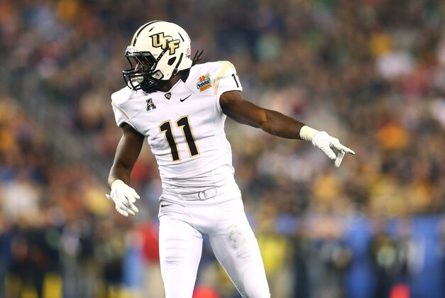 Jan 1, 2014; Glendale, AZ, USA; Central Florida Knights wide receiver Breshad Perriman (11) against the Baylor Bears during the Fiesta Bowl at University of Phoenix Stadium. Central Florida defeated Baylor 52-42. Mandatory Credit: Mark J. Rebilas-USA TODAY Sports