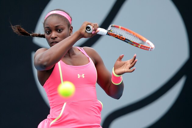 HOBART, AUSTRALIA - JANUARY 13:  Sloane Stephens of the USA plays a forehand in her second round match against Heather Watson of Great Britain during day three of the Hobart International at Domain Tennis Centre on January 13, 2015 in Hobart, Australia.  (Photo by Mark Metcalfe/Getty Images)