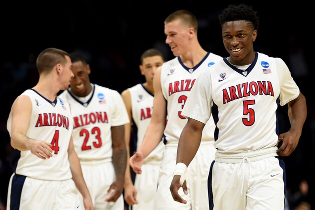 LOS ANGELES, CA - MARCH 26:  Stanley Johnson #5, Kaleb Tarczewski #35, Brandon Ashley #21, Rondae Hollis-Jefferson #23 and T.J. McConnell #4 of the Arizona Wildcats walk on the court to start the second half against the Xavier Musketeers during the West Regional Semifinal of the 2015 NCAA Men's Basketball Tournament at Staples Center on March 26, 2015 in Los Angeles, California.  (Photo by Harry How/Getty Images)