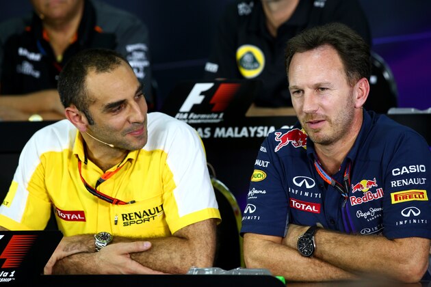 KUALA LUMPUR, MALAYSIA - MARCH 27:  Infiniti Red Bull Racing Team Principal Christian Horner and Renault's Cyril Abiteboul attend a press conference following practice for the Malaysia Formula One Grand Prix at Sepang Circuit on March 27, 2015 in Kuala Lumpur, Malaysia.  (Photo by Mark Thompson/Getty Images)