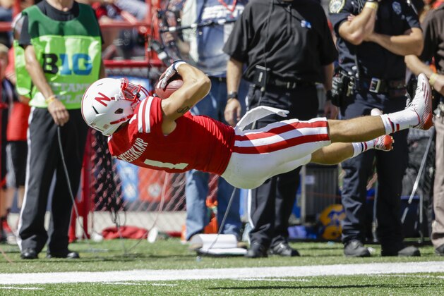 Nebraska wide receiver Jordan Westerkamp (1) makes a catch in the second half of an NCAA college football game against McNeese State in Lincoln, Neb., Saturday, Sept. 6, 2014. Nebraska won 31-24. (AP Photo/Nati Harnik)