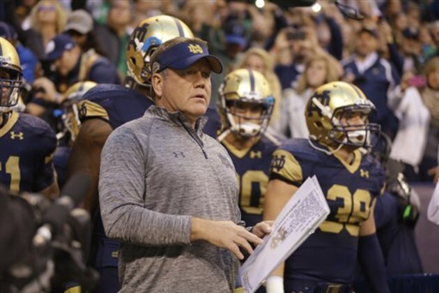 Notre Dame head coach Brian Kelly waits to take the field with his team before an NCAA college football game against Purdue in Indianapolis, Saturday, Sept. 13, 2014. (AP Photo/Michael Conroy)