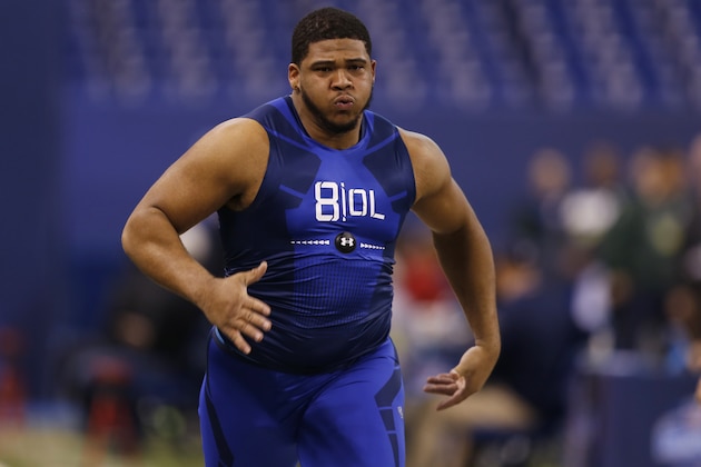 LSU offensive lineman La'El Collins runs the 40-yard dash at the NFL football scouting combine in Indianapolis, Friday, Feb. 20, 2015. (AP Photo/Julio Cortez)