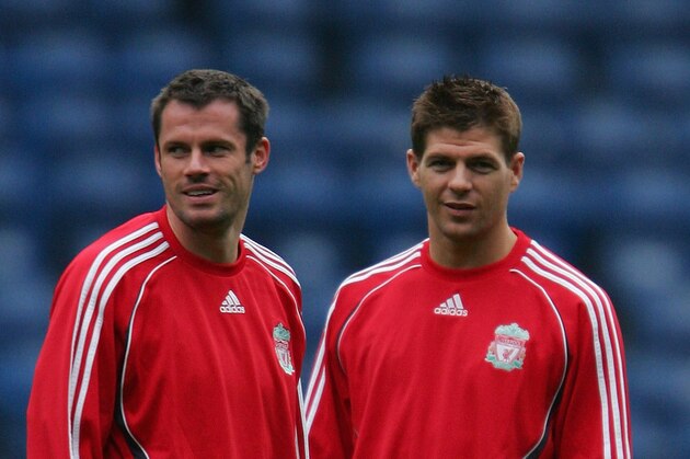 LONDON - APRIL 24:  Steven Gerrard and Jamie Carragher of Liverpool look on during a Liverpool training session prior to tomorrows Champions League Semi-Final, First Leg match against Chelsea on April 24, 2007 at Stamford Bridge in London, England.  (Photo by Jamie McDonald/Getty Images)