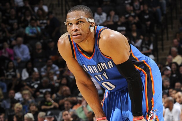 SAN ANTONIO - MARCH 25: Russell Westbrook #0 of the Oklahoma City Thunder during the game against the San Antonio Spurs at the AT&T Center on March 25, 2014 in San Antonio, Texas. NOTE TO USER: User expressly acknowledges and agrees that, by downloading and or using this photograph, user is consenting to the terms and conditions of the Getty Images License Agreement. Mandatory Copyright Notice: Copyright 2015 NBAE (Photos by D. Clarke Evans/NBAE via Getty Images)