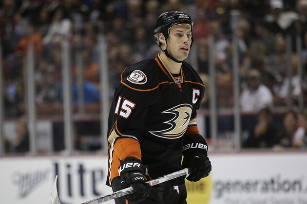 Anaheim Ducks' Ryan Getzlaf skates during the second period of an NHL hockey game against the Pittsburgh Penguins, Friday, March 6, 2015, in Anaheim, Calif. (AP Photo/Jae C. Hong)