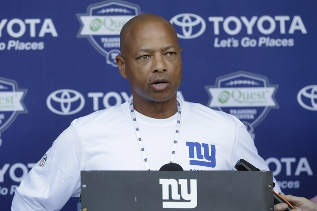 New York Giants general manager Jerry Reese speaks to reporters during a NFL football camp in East Rutherford, N.J., Wednesday, July 23, 2014. (AP Photo/seth wenig)