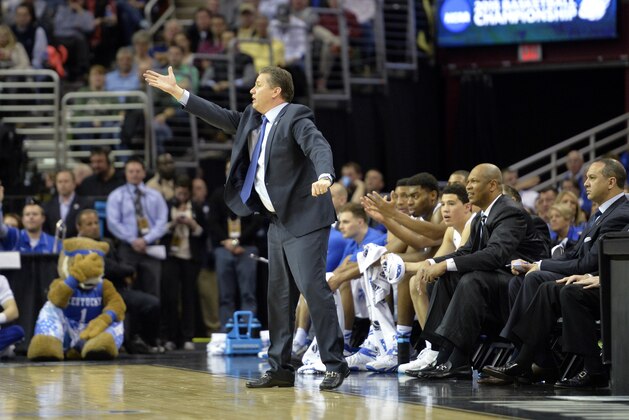 Kentucky head coach John Calipari in the first half of a college basketball game against West Virginia in the NCAA men's tournament regional semifinals, Thursday, March 26, 2015, in Cleveland. (AP Photo/David Richard)