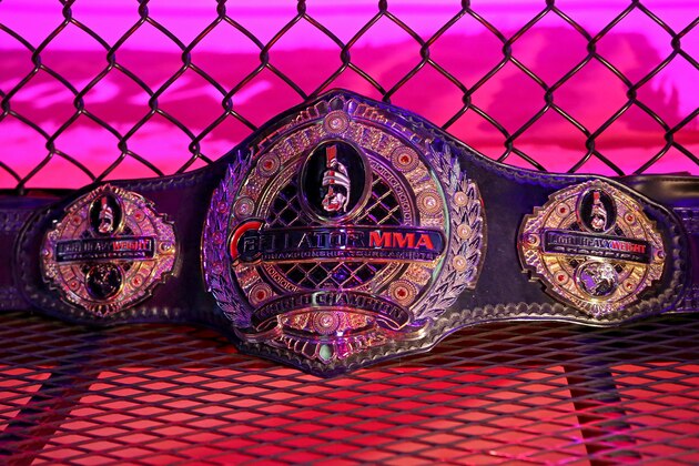 The Bellator light heavyweight title belt is seen at Bellator 134 on Friday, Feb. 27, 2015, in Uncasville, CT.  (AP Photo/Gregory Payan)