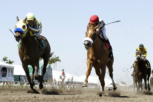 In this photo released by EQUI-PHOTO, Jill Robin L with Jerry Bailey aboard, left, surges past In The Gold, ridden by Pat Day, to win the $150,000 Grade II Bonnie Miss Stakes at Gulfstream Park in Hallandale, Fla., Saturday, March 5, 2005.  (AP Photo/EQUI-PHOTO, Gary I. Rothstein)