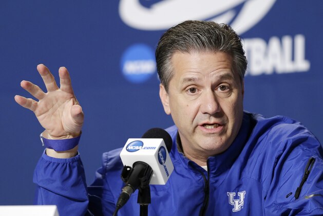 Kentucky head coach John Calipari answers questions during his news conference at the NCAA men's basketball tournament Friday, March 27, 2015, in Cleveland. Kentucky plays Notre Dame in the regional final Saturday, hoping to extend their unbeaten streak and reach the Final Four. (AP Photo/Mark Duncan)