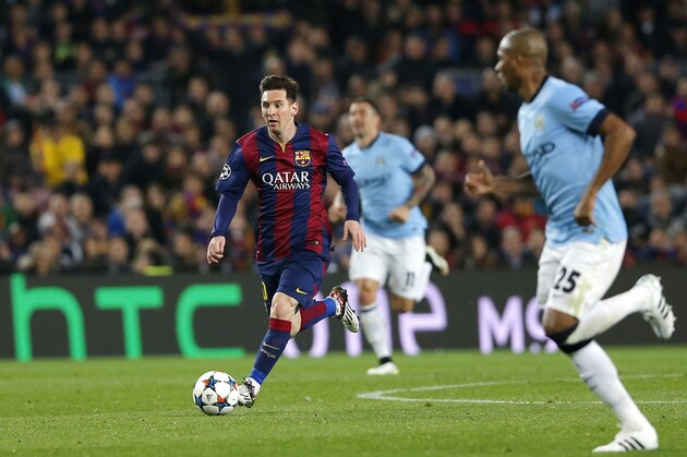 Barcelona's Lionel Messi controls the ball during a Champions League round of 16 second leg, soccer match between FC Barcelona and Manchester City at Camp Nou stadium, in Barcelona, Spain, Wednesday, March 18, 2015. (AP Photo/Emilio Morenatti)