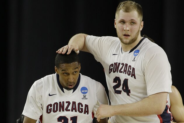 Gonzaga's Przemek Karnowski (24) rubs Eric McClellan on the head during the second half of a college basketball regional semifinal game in the NCAA Tournament against UCLA, Friday, March 27, 2015, in Houston. (AP Photo/David J. Phillip)