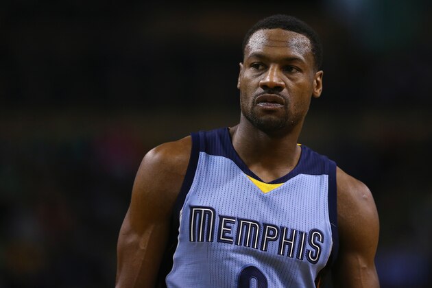 BOSTON, MA - MARCH 11: Tony Allen #9 of the Memphis Grizzlies looks on during the third quarter against the Boston Celtics at TD Garden on March 11, 2015 in Boston, Massachusetts. The Celtics defeat the Grizzlies 95-92. NOTE TO USER: User expressly acknowledges and agrees that, by downloading and/or using this photograph, user is consenting to the terms and conditions of the Getty Images License Agreement.
 (Photo by Maddie Meyer/Getty Images)