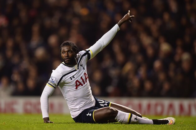 LONDON, ENGLAND - JANUARY 21: Emmanuel Adebayour of Spurs reacts during the Capital One Cup Semi-Final first leg match between Tottenham Hotspur and Sheffield United at White Hart Lane on January 21, 2015 in London, England. (Photo by Jamie McDonald/Getty Images) LONDON, ENGLAND - JANUARY 21: Emmanuel Adebayour of Spurs reacts during the Capital One Cup Semi-Final first leg match between Tottenham Hotspur and Sheffield United at White Hart Lane on January 21, 2015 in London, England. (Photo by Jamie McDonald/Getty Images)