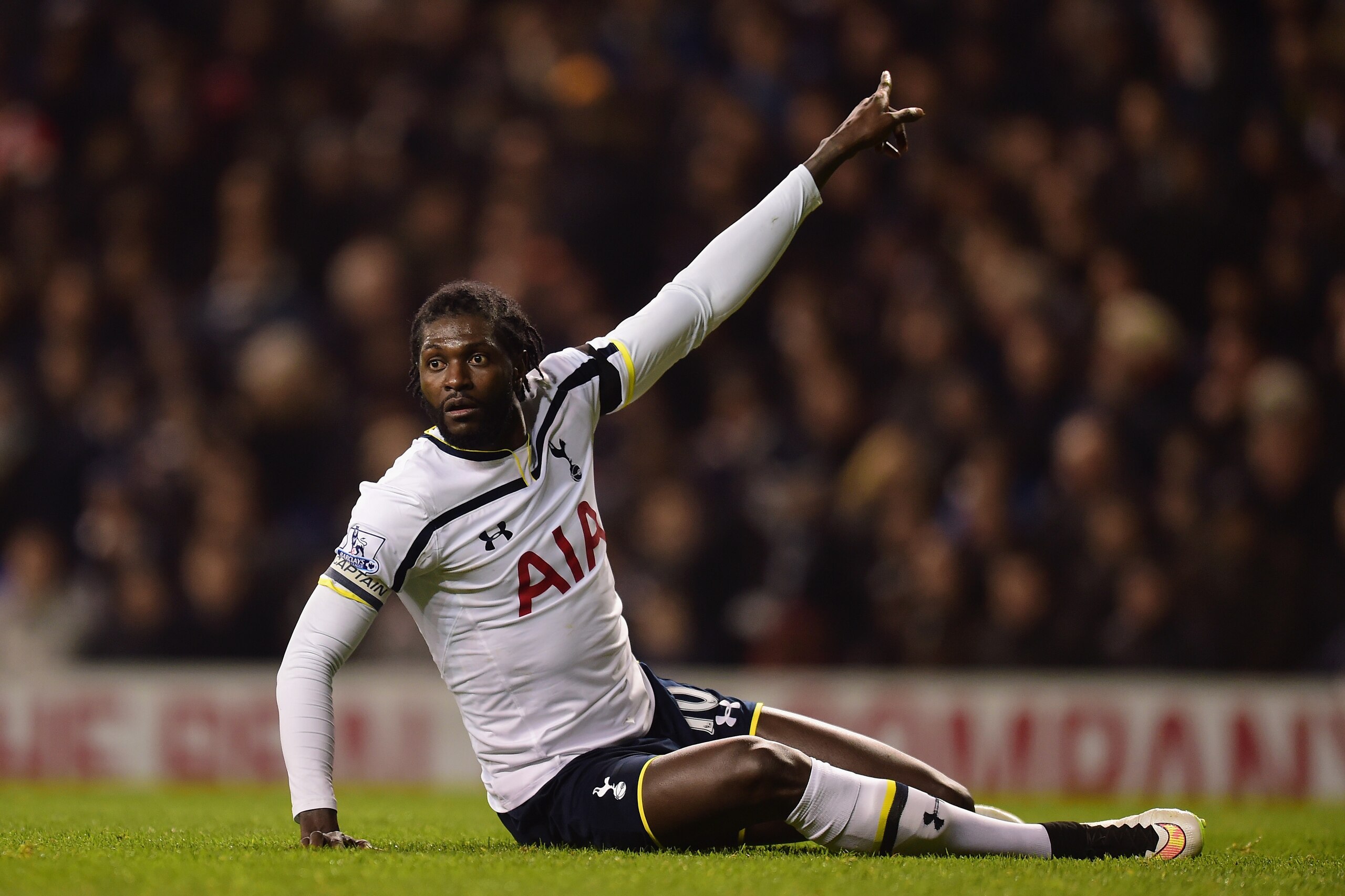 LONDON, ENGLAND - JANUARY 21: Emmanuel Adebayour of Spurs reacts during the Capital One Cup Semi-Final first leg match between Tottenham Hotspur and Sheffield United at White Hart Lane on January 21, 2015 in London, England. (Photo by Jamie McDonald/Getty Images) LONDON, ENGLAND - JANUARY 21: Emmanuel Adebayour of Spurs reacts during the Capital One Cup Semi-Final first leg match between Tottenham Hotspur and Sheffield United at White Hart Lane on January 21, 2015 in London, England. (Photo by Jamie McDonald/Getty Images)