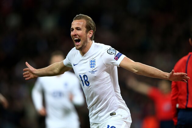 LONDON, ENGLAND - MARCH 27:  Harry Kane of England celebrates after scoring on his debut during the EURO 2016 Qualifier match between England and Lithuania at Wembley Stadium on March 27, 2015 in London, England.  (Photo by Ian Walton/Getty Images)