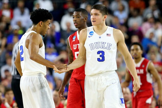 HOUSTON, TX - MARCH 27:  Quinn Cook #2 and Grayson Allen #3 of the Duke Blue Devils react against the Utah Utes during a South Regional Semifinal game of the 2015 NCAA Men's Basketball Tournament at NRG Stadium on March 27, 2015 in Houston, Texas.  (Photo by Ronald Martinez/Getty Images)