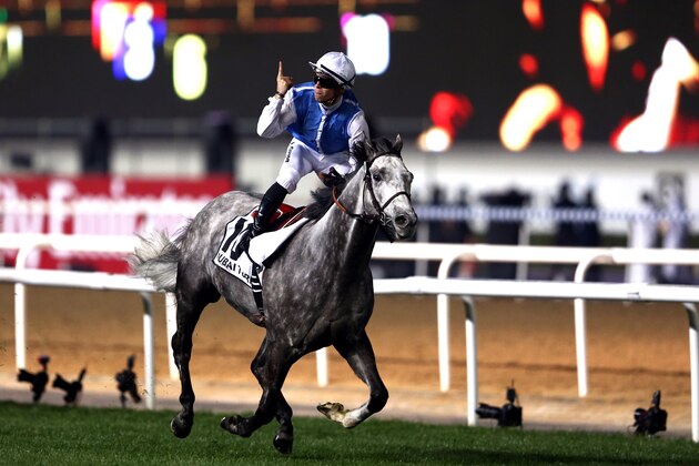 DUBAI, UNITED ARAB EMIRATES - MARCH 28:  Maxime Guyon celebrates riding Solow to victory in the Dubai Turf during the Dubai World Cup at the Meydan Racecourse on March 28, 2015 in Dubai, United Arab Emirates.  (Photo by Warren Little/Getty Images)