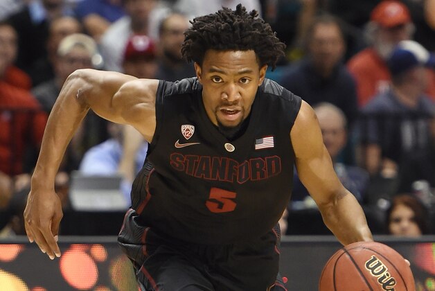 LAS VEGAS, NV - MARCH 12:  Chasson Randle #5 of the Stanford Cardinal brings the ball up the court against the Utah Utes during a quarterfinal game of the Pac-12 Basketball Tournament at the MGM Grand Garden Arena on March 12, 2015 in Las Vegas, Nevada. Utah won 80-56.  (Photo by Ethan Miller/Getty Images)