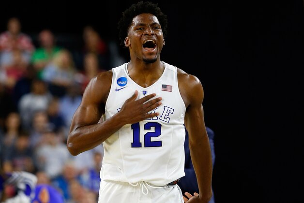 HOUSTON, TX - MARCH 27:  Justise Winslow #12 of the Duke Blue Devils reacts against the Utah Utes during a South Regional Semifinal game of the 2015 NCAA Men's Basketball Tournament at NRG Stadium on March 27, 2015 in Houston, Texas.  (Photo by Tom Pennington/Getty Images)