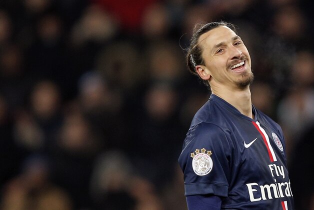 Paris St Germain's Zlatan Ibrahimovic smiles during the French league one soccer match between Paris Saint Germain and Rennes, in Paris, France, Friday, Jan. 30, 2015. (AP Photo/Christophe Ena)