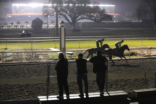 Rail birds watch early morning workouts at the Fair Grounds Race Course in New Orleans, La.,  Wednesday, March 11, 2009. The Louisisana Derby is the featured race on Saturday March 14, featuring some of the top three-year-old horses. (AP Photo/Alexander Barkoff)