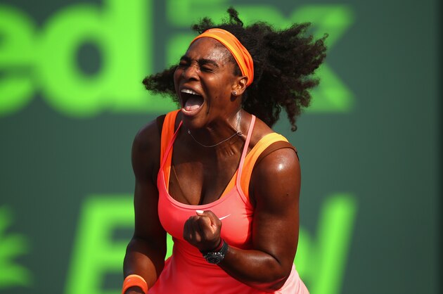 KEY BISCAYNE, FL - MARCH 28:  Serena Williams of the United States celebrates a point against Monica Niculescu of Romania in their second round match during the Miami Open Presented by Itau at Crandon Park Tennis Center on March 28, 2015 in Key Biscayne, Florida.  (Photo by Clive Brunskill/Getty Images)