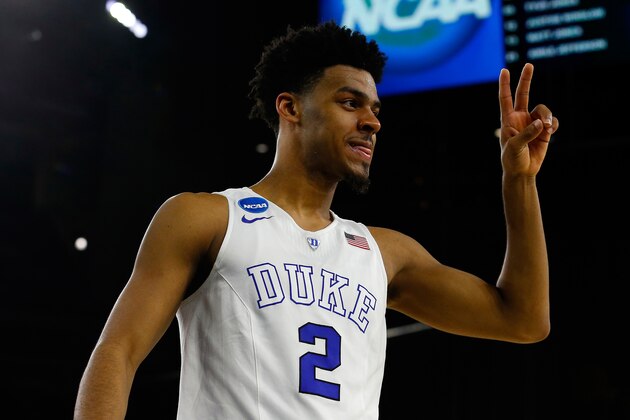 HOUSTON, TX - MARCH 27:  Quinn Cook #2 of the Duke Blue Devils walks off the court after defeating the Utah Utes 63-57 during a South Regional Semifinal game of the 2015 NCAA Men's Basketball Tournament at NRG Stadium on March 27, 2015 in Houston, Texas.  (Photo by Tom Pennington/Getty Images)
