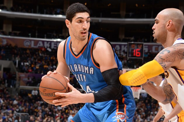 LOS ANGELES, CA - MARCH 1:  Enes Kanter #34 of the Oklahoma City Thunder handles the ball against the Los Angeles Lakers on March 1, 2015 at Staples Center in Los Angeles, California. NOTE TO USER: User expressly acknowledges and agrees that, by downloading and or using this Photograph, user is consenting to the terms and conditions of the Getty Images License Agreement. Mandatory Copyright Notice: Copyright 2015 NBAE (Photo by Andrew D. Bernstein/NBAE via Getty Images)