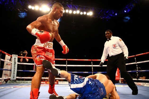 SHEFFIELD, ENGLAND - MARCH 28:  Kell Brook knocks down Jo Jo Dan during their IBF World Welterweight Title Fight at the Motorpoint Arena on March 28, 2015 in Sheffield, England.  (Photo by Richard Heathcote/Getty Images)